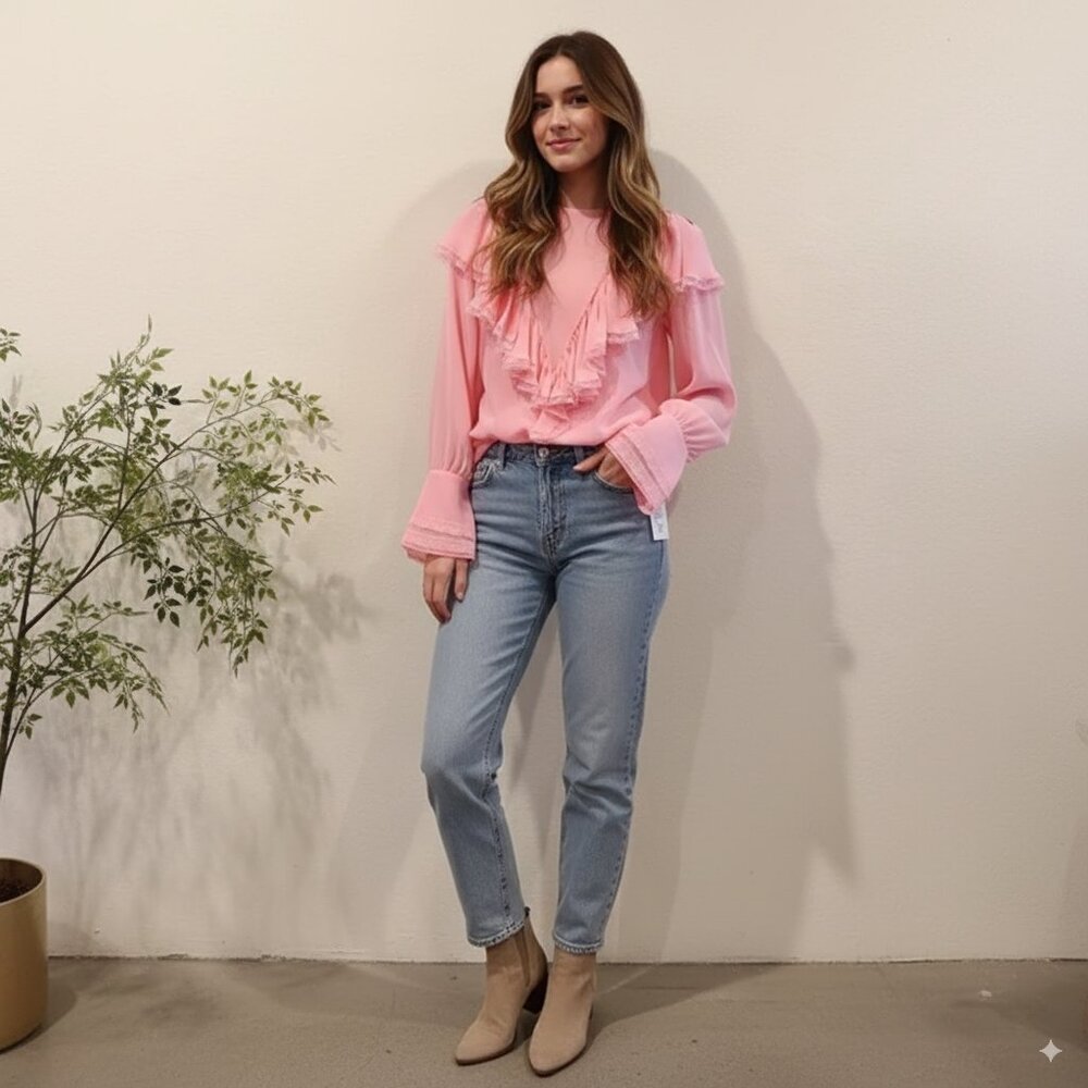 J.ING Jing Pink Long Sleeve Mulberry Silk Ruffled Blouse Top Size M NWT